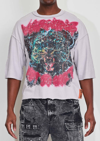 WARNING NOT SO QUIET SAVAGE LEOPARD CROPPED 3/4 SLV TEE: LT GREY / 2XL