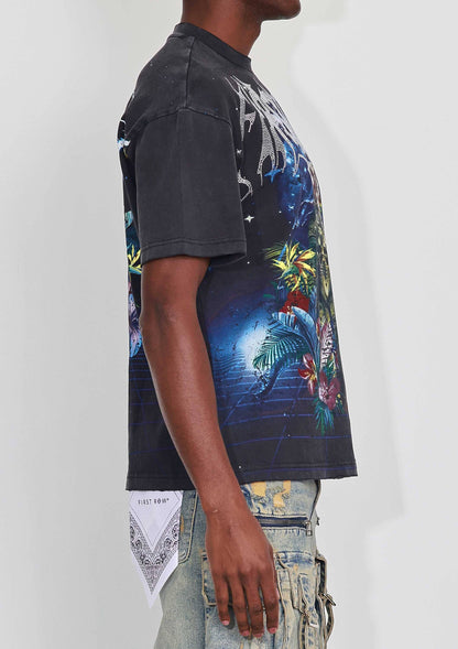 WASHED EARTH FIRST FLOWER TEE: Black / 2XL