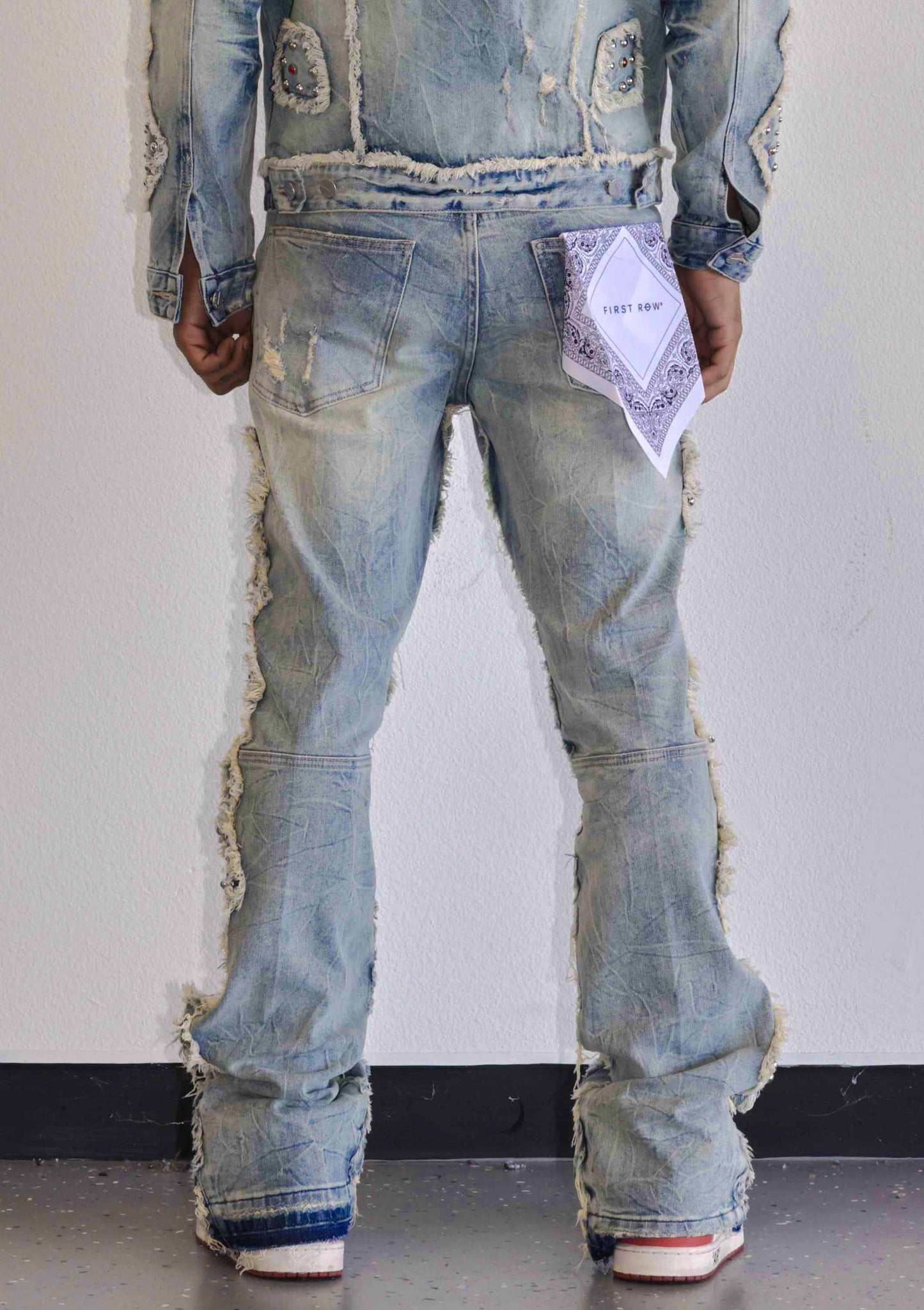 MIDNIGHT RODEO EMBLISHEMENT DENIM STACK PANTS: Medium Stone Tint / 38