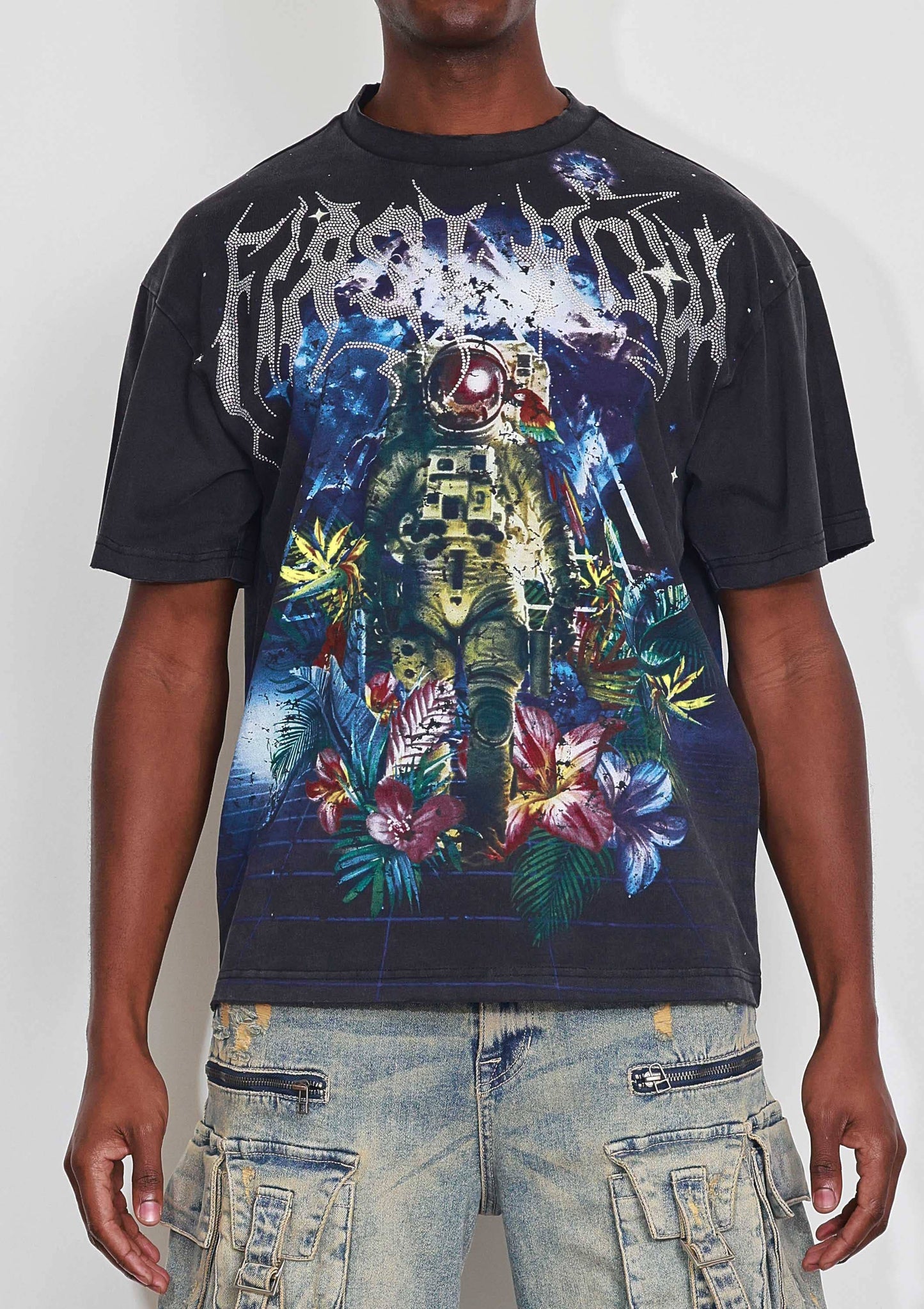 WASHED EARTH FIRST FLOWER TEE: Black / XL