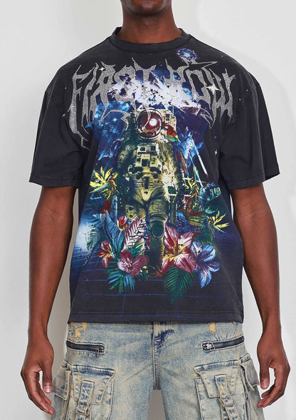 WASHED EARTH FIRST FLOWER TEE: Black / 2XL