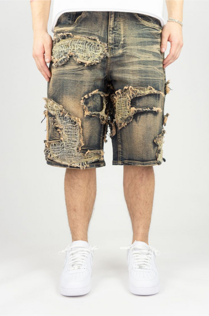 BURLAP PATCHED JEAN SHORTS