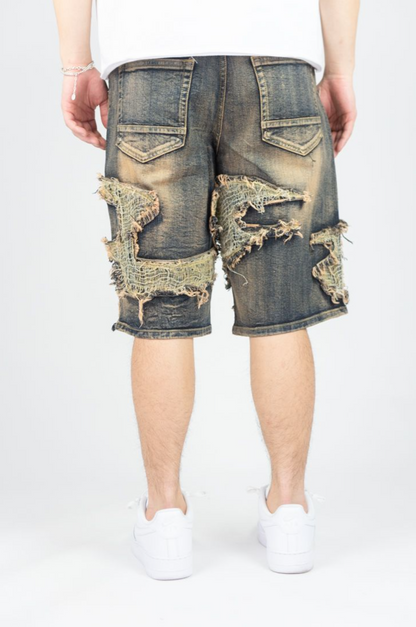 BURLAP PATCHED JEAN SHORTS