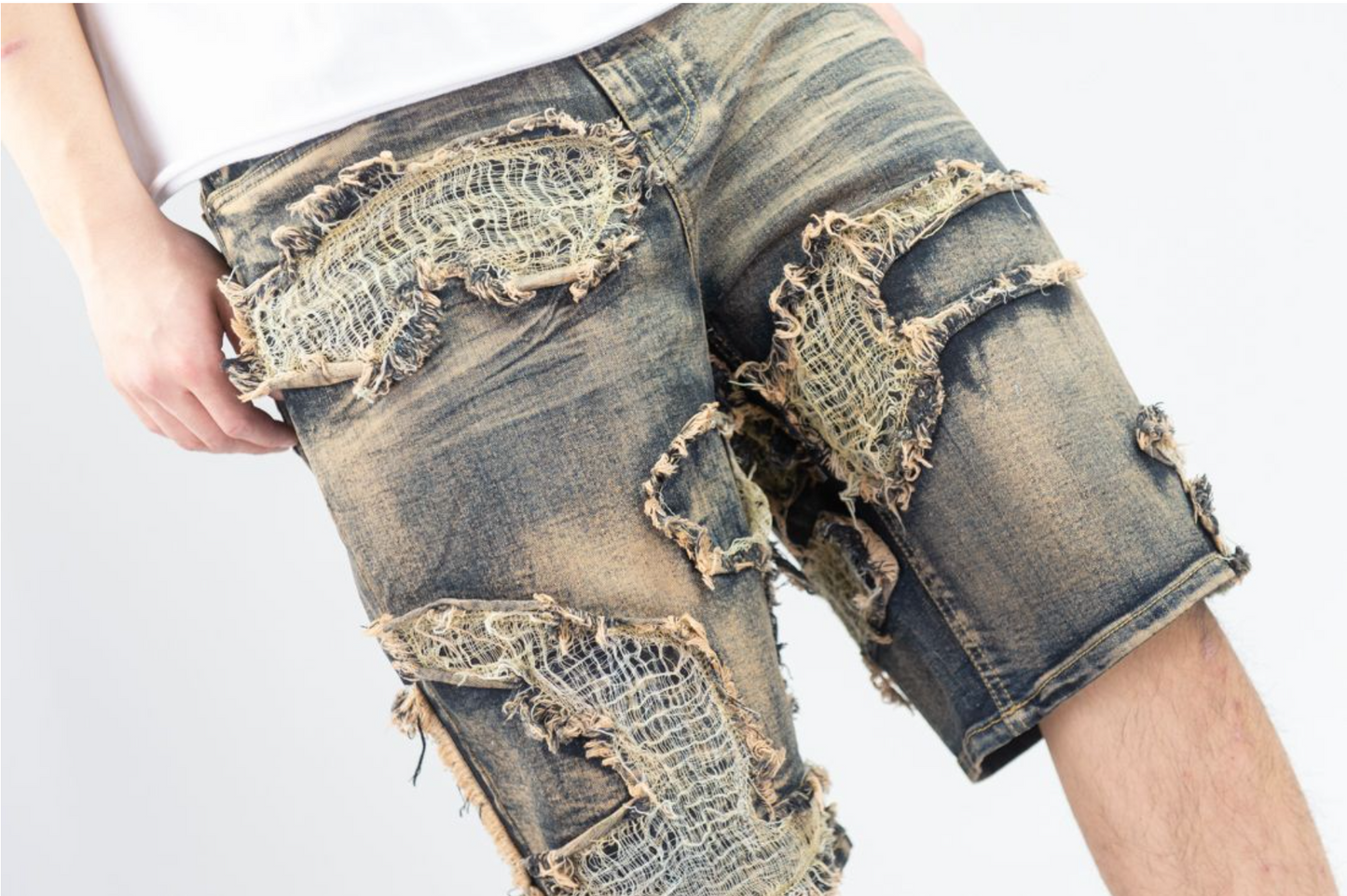 BURLAP PATCHED JEAN SHORTS
