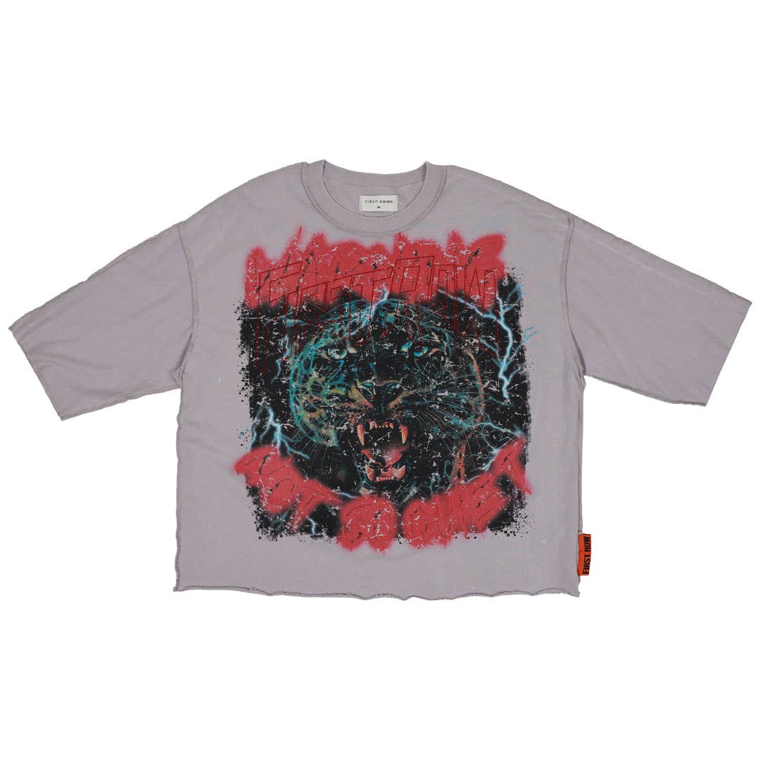 WARNING NOT SO QUIET SAVAGE LEOPARD CROPPED 3/4 SLV TEE: LT GREY / 2XL