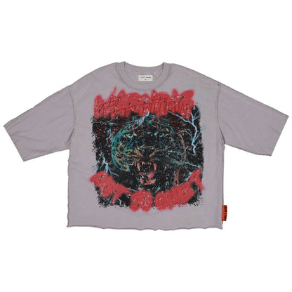 WARNING NOT SO QUIET SAVAGE LEOPARD CROPPED 3/4 SLV TEE: LT GREY / M