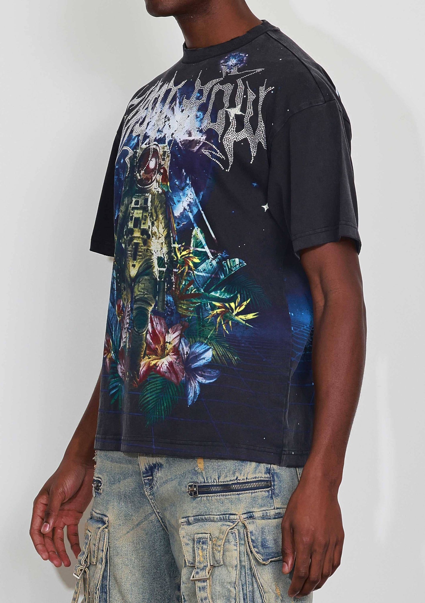 WASHED EARTH FIRST FLOWER TEE: Black / 2XL