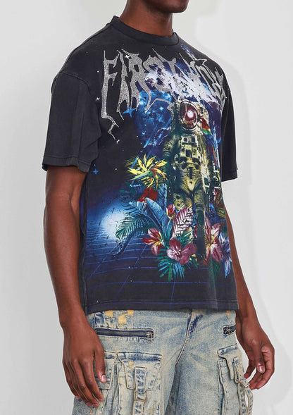 WASHED EARTH FIRST FLOWER TEE: Black / XL