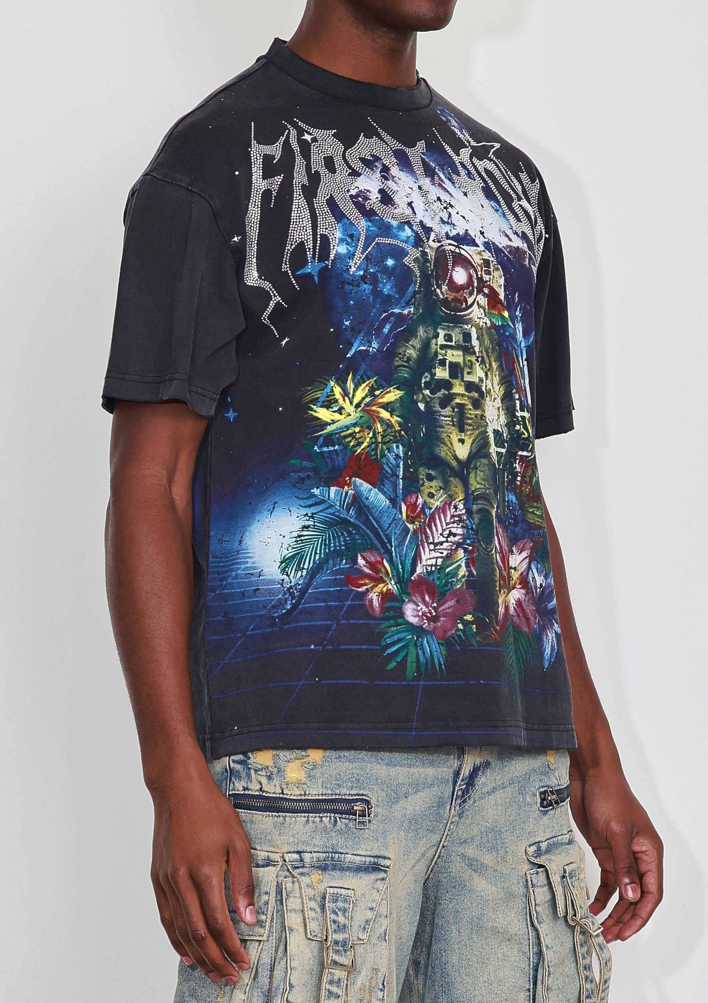 WASHED EARTH FIRST FLOWER TEE: Black / L