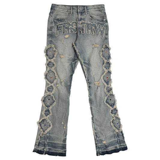 MIDNIGHT RODEO EMBLISHEMENT DENIM STACK PANTS: Medium Stone Tint / 38