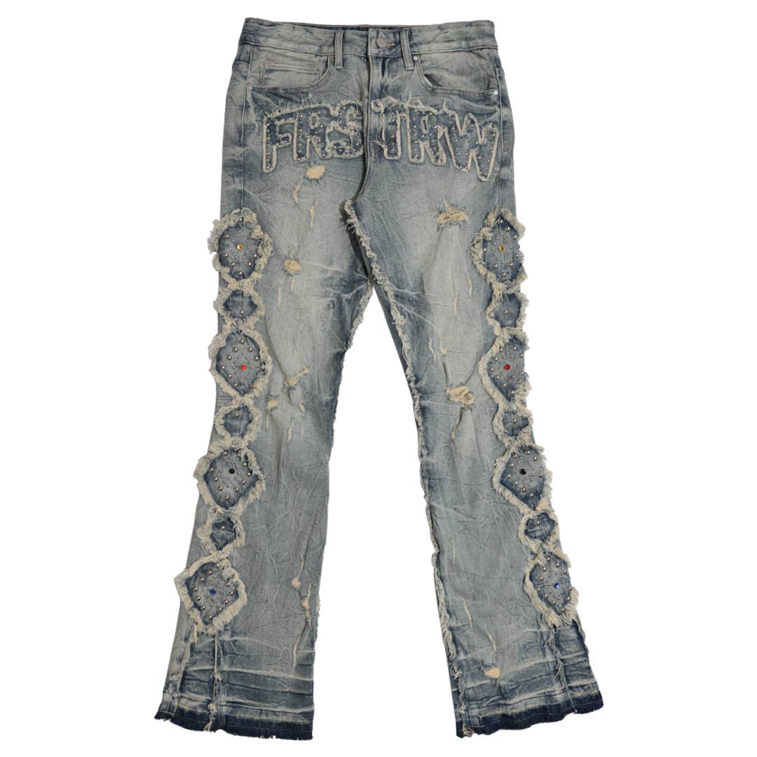 MIDNIGHT RODEO EMBLISHEMENT DENIM STACK PANTS: Medium Stone Tint / 40